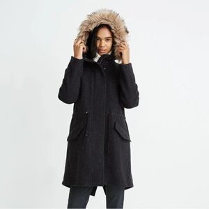 Madewell Wool Vancouver Parka Coat Faux Fur Hood Black Coal Heather - Small